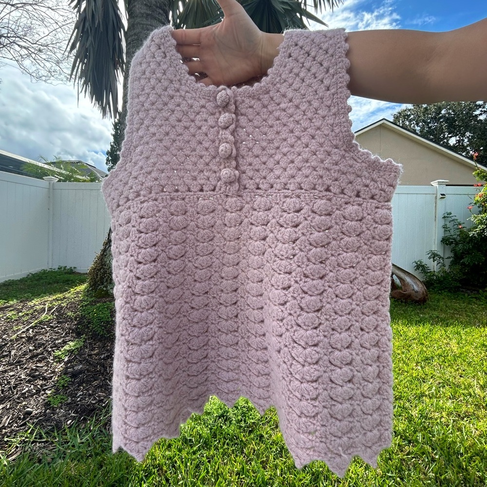 Light Mauve Handknit Crochet Wool Alpaca Blend Sleeveless Sweater/ Vest